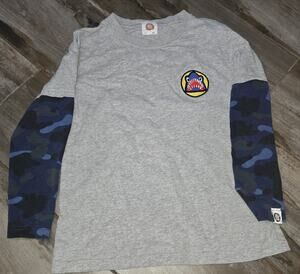 Boys Shark Graphic Layered Long Sleeve Shirt Youth 14 Gray Blue Camo